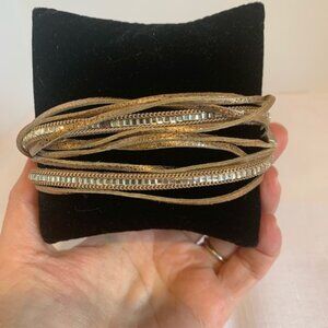 Multi-Strand Bronze Metallic Leather Wrap Bracelet Crystals Magnetic Closure